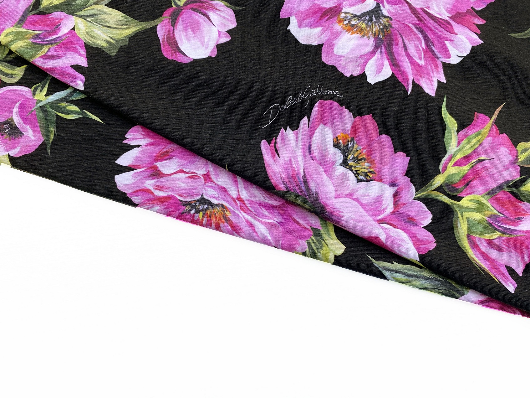 Ткань Трикотаж  чёрного цвета с принтом розовые цветы 38291 4